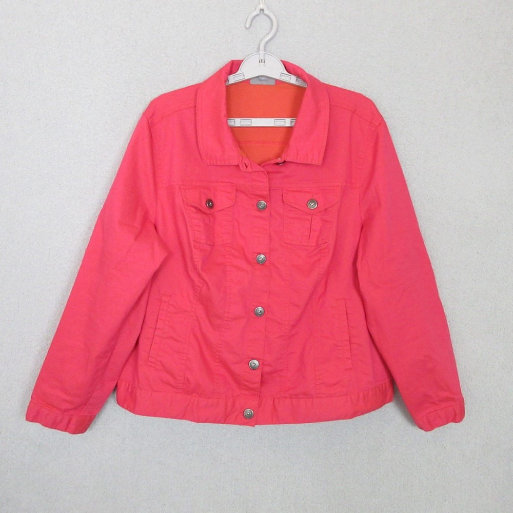 Roz & Ali Jacket Women 18/20 Pink Coral Button Up Cotton Blend Trucker Pockets